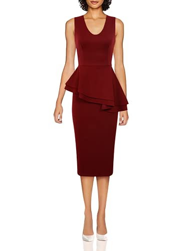 Forever Women Sleeveless Plain Side Bow Slant Peplum Bodycon Midi Party Dress