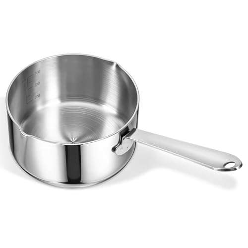 BOHUIZ 18/10 Stainless Steel Butter Warmer Measuring Pan, 0.5 Quart Small Sauce Pan with Dual Pour Spout, 17OZ/500ml Coffee Milk Chocolate Butter Melting Pot