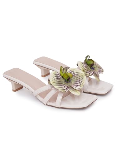 Image of TRYME Floral Embellished Slip-On Kitten Heel Sandals for Women & Girls|Comfortable Light Weight Open Toe Sandals