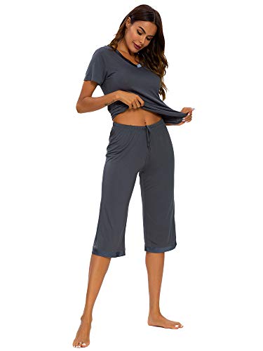 Tiktik Womens Bamboo V-Neck Pajama Set Comfy Sleepwear Top With Capri Pants Pjs Petite Plus Size S-4Xl, Dark Grey, 2X-Large #TOP2