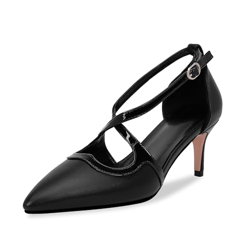 100FIXEO Women's Black Pointed Toe Cross Strappy High Heel Pumps Stylish Comfortable Office Party Footwear