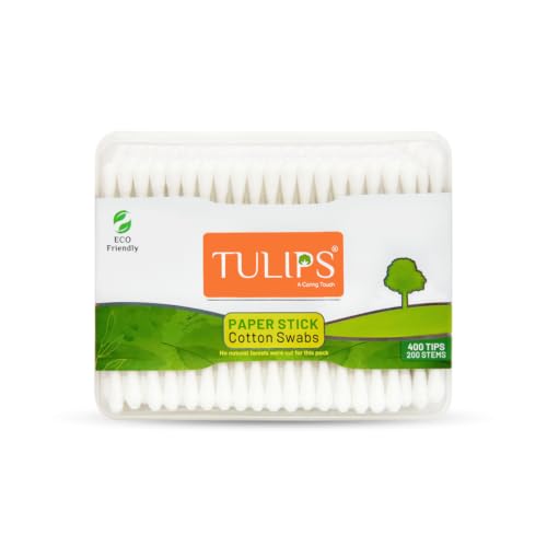 Image of TULIPS Cotton Ear Buds /Swabs (Pack of 3) with white PAPER Sticks 200 /400 Tips in a Flat Box