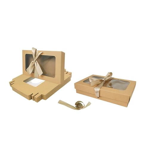 Emartbuy Confezione da 12 Scatole Regalo a Forma di Rettangolo, 21.5 cm x 13.5 cm x 4.5 cm, Scatola Kraft Marrone Con Coperchio Trasparente e Nastro di Raso