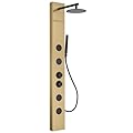 BWE Waterfall Shower Panel Tower System 304 Stainless Steel Shower Panel with 8-inch Rainfall Shower Head 4 Rain Massage Body Jets and Handheld Shower Wall Mounted Shower Set Brushed Gold and Black