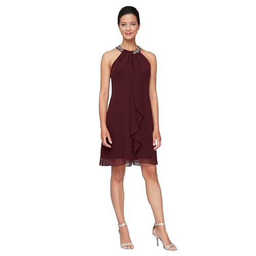 S.L. Fashions Women's Jewel Halter Neckline Cocktail, Wedding Guest, Perfect Party Dress (Petite and Regular Sizes), Fig, 18 Petite