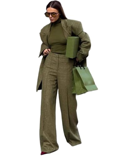 Mrjitor Women's Tweed Suit Formal Party Two Pieces Peak Lapel Jacket & Pants Set Green