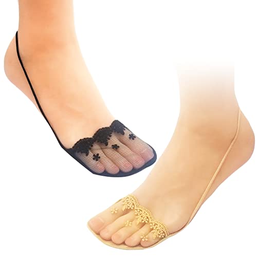 4 Pairs Breathable Lace No Show Socks, Toe Topper Half Socks, Low Cut Liner Slingback Sock.