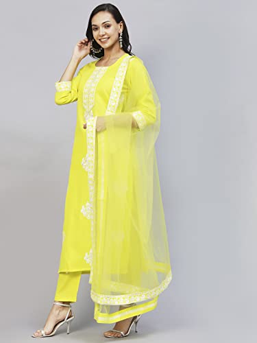 Image of GoSriKi Women's Cotton Blend Straight Embroidered Kurta with Pant & Dupatta