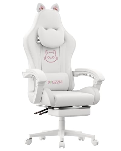 Racingreat Gaming-Stuhl mit Katzenohren, Ergonomischer Gamer Chair mit Lendenwirbelmassage Fußstütze Kopfstütze, Höhen + 90° - 135° Neigungsverstellung, PC-Stuhl für Frauen Erwachsene (Weiß)