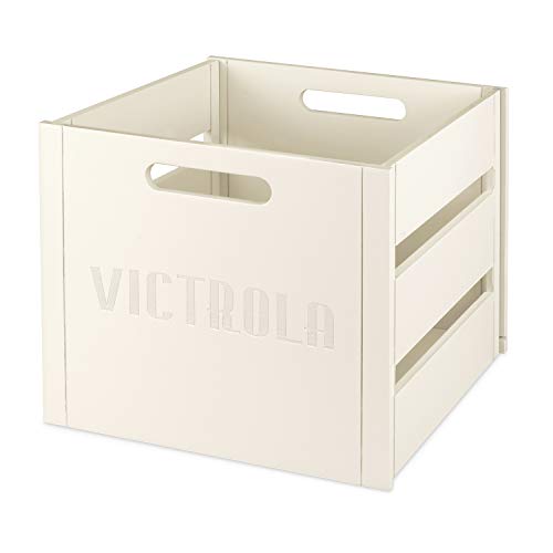Victrola Wooden Record Crate – Tabletop Vinyl Album Holder, No-Tool Assembly, Holds Over 50 Records, Real Wood Construction, Elegant Design (White)