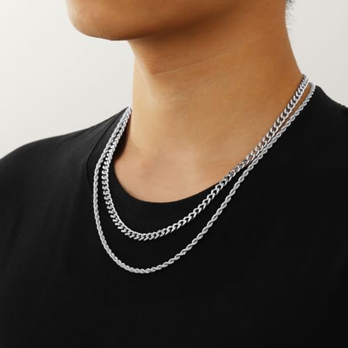 Stainless Steel Layered Chain Necklaces for Men Boys, 2Pcs Cuban Link/Rope/Herringbone Chains Jewelry Gifts, 16 "/18 ", 18 "/20 ", 20 "/22 ", 22 "/24 "2