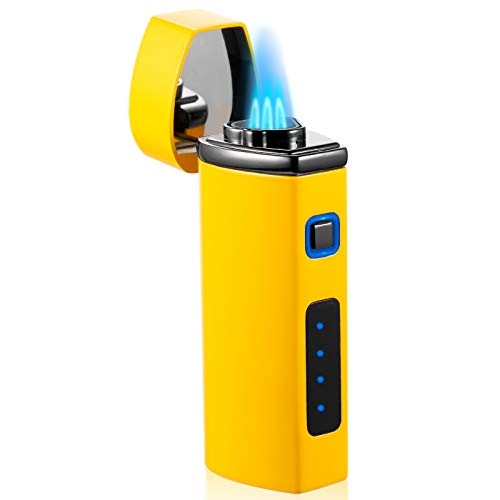 DoPake Butane Torch Lighter, Refillable Gas Torch Lighters,Triple Jet Flame Butane Torch Lighters with Battery Indicator with Round Punch, (Without Gas) (Bright Yellow)