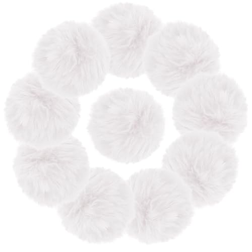 Image of 10Pcs White 3.2Inch Faux Fur Pom Poms for Hats with Elastic Loop DIY Crafts