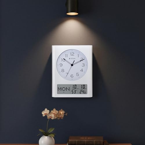 Image of Titan Analog and Digital Display Wall Clock | Day, Date & Month | Temperature & Humidity Display | White Case White Dial | 330x260mm | W0116PC02