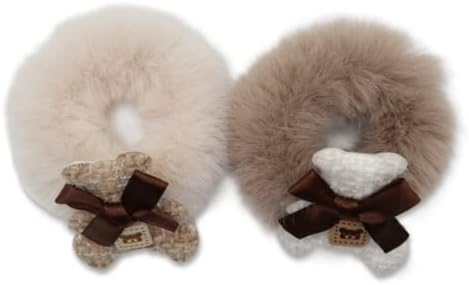 Cute Hair Scrunchies for Girls, Plush Furry Elastic Hair Scrunchy for Thick Hair Ponytail Holder (Brown Tie Bear)