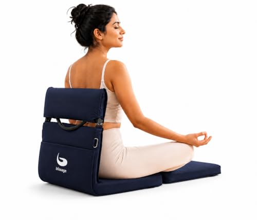 Image of Meditation Chair | Foldable Floor Seat with Cushion and Back Support | for Yoga, Pranayama, Prayer & Cross-Legged Sitting | Portable Metal Frame with Carry Bag | 2 Year Warranty (Dark Blue)
