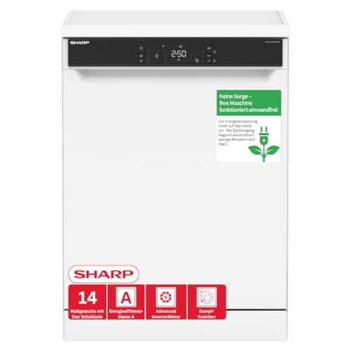 Sharp QW-NA3YF42AW-DE Geschirrspüler freistehend, 60 cm, 14 Maßgedecke, A, 42 dB, SteamWash, DualProWash, EcoWash, AutoDoor, WLAN, Weiß
