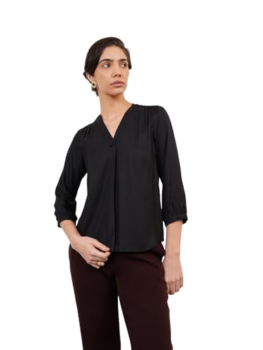 Image of FableStreet Women Formal & Casual Top | V-Neckline with Gathered Back Detail & Three-Quarter Sleeves | Premium Satin Fabric for Office Wear & Sophisticated Outings
