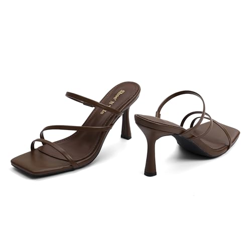 Image of Shoe'N Tale Strappy Kitten Heels For Women Stiletto Mules Square Open Toe Slip On Sandals