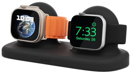 ELETIUO Dual Charger Stand Compatible with Apple Watch Series 49/46/45/44/42/41/40/38mm iWatch Ultra2/Ultra/10/9/8/SE2/7/6/SE/5/4/3/2/1,Silicone Dock Organizer Supports Night Stand Mode,Black