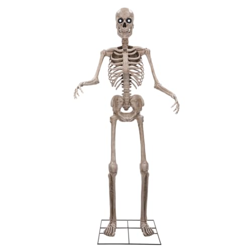 Riethmüller Animatronic XXL Skelett 243 cm - Halloween Deko innen - Party Gothic Figur lebensgroß - Animiert LED-Augen beweglicher Kiefer Sound & Bewegungssensor - 3 Sprachen