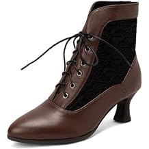 Women Leather Lace Pointy Toe Kitten Heel Victorian Witch Boots Vintage Lace Up Comfortable Bridal Costume Chunky Heel Plus Size Ankle Booties