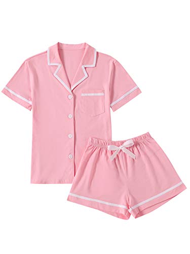 LYANER Women's Cotton Pajamas Set Button Short Sleeve Shirt with Shorts Set PJs Loungewear