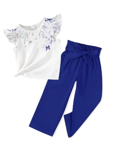 Image of Toddler Kid Girl Clothes Casual Ruffle Sleeve Floral Printed Top Solid Pants with Belt 3PC Outfit Set