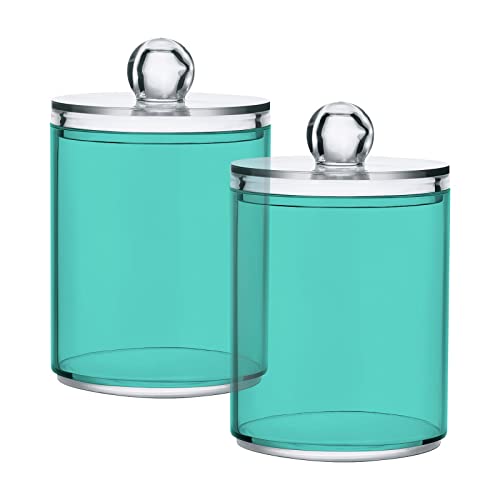 Turquiose Teal Qtip Dispenser Apothecary Jars Bathroom Qtip Holder Storage Canister 10 Oz Plastic Jar for Cotton Ball Swab Round Pads Floss 2pcs