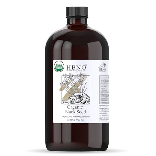 HBNO Organic Black Seed Oil - Huge 32oz (950ml) Glass Bottle Value Size - USDA Certified Organic...