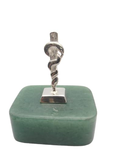 Bastone di Esculapio : Simbolo di Asclepio in Argento 925 su Avventurina Naturale Verde - Medici - Dottori - Medicina - Fermacarte - Soprammobile - Pietra Dura