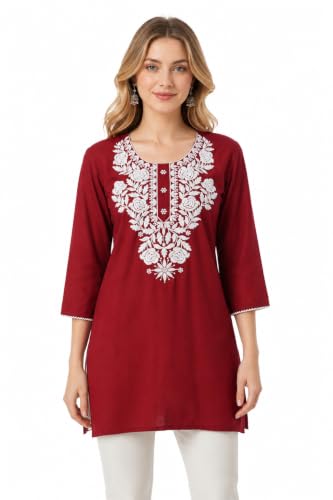 Image of LIBOZA Kurti for Women - Short Chikankari Kurtis for Girls, Lakhnawi Tunic Top Kurta Design for Ladies, Woman Ethnic Kurthis & Shirt with Sleeve