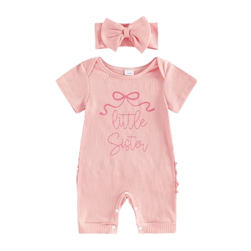 FYBITBO Little Sister Newborn Outfit Baby Girl Summer Romper Coming Home Jumpsuit Big Sister Little Sister Matching Outfits (Pink Newborn)
