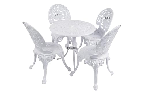 Image of BRISHI Cast Aluminium Garden Patio Seating Chair and Table Set for Balcony Outdoor Furniture with 1 Table and 4 Chairs Set (White)