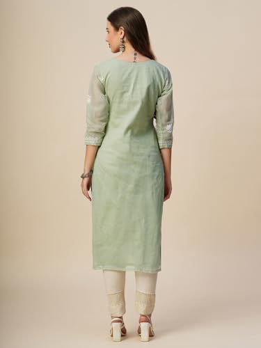 Image of RATAN Muga Cotton Straight Lucknowi Chikankari Ethnic Wear Kurta for Women