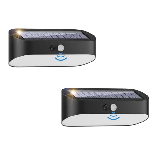 Klighten 2PCS Luz Solar Exterior Con Sensor de Movimiento, 3000K LED Luces Solares, 2000mAh Lámpara de Pared Sin Cables, 120° Apliques de Pared, Para Jardín/Garajes, IP44, Negro