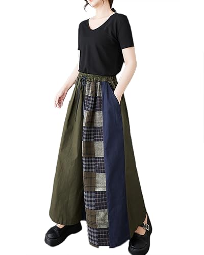 ellazhu Women's Pants Patchwork Two Side Pockets Wide Leg Elastic Waist Baggy Straight Hem Casual GZ429 A2