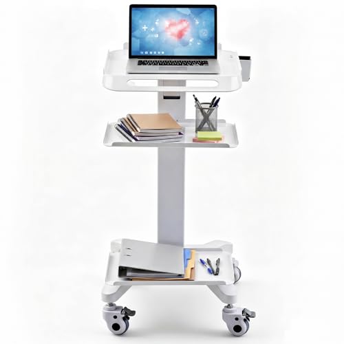 Image of DaisyInner Adjustable Mobile Medical Cart with Wheels, Laptop Rolling Cart with Storage Basket Large Tabletop Medical Trolley Workstation for Hospital, Lab Use (3 Tier)
