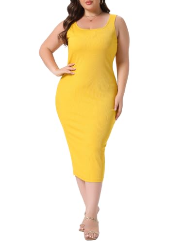 Image of Agnes Orinda Plus Size Dress for Women Summer Sleeveless Square Neck Bodycon Cocktail Sundress Sexy Midi Tank Dress