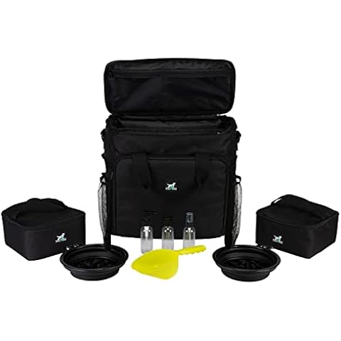 Pounce + Fetch Small Pet Weekender Bag | 3pc Travel Bottle Set | Water & Food Containers, Black Cover