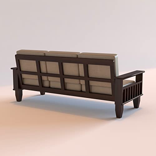 Image of Sheesham Wooden 3 Seater Sofa for Living Room | Rosewood 3 Seater Cushion Sofa with Side Newspaper Holder for Home & Office | Solid Wood Sofa Set for Lounge (-Walnut)