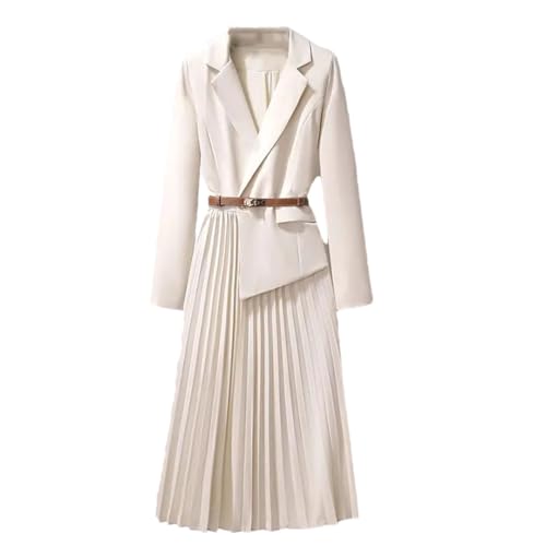 Office Lady Patchwork Blazer Dress Autumn Elegant Long Sleeve Notched Collar Belt Pleated Vestidos