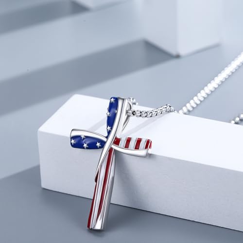 CUOKA MIRACLE American Flag Cross Necklace 925 Sterling Silver Patriotic Jewelry Religious Cross Pendant Necklace Independence Day Patriotic Jewelry Gift for Men Women3