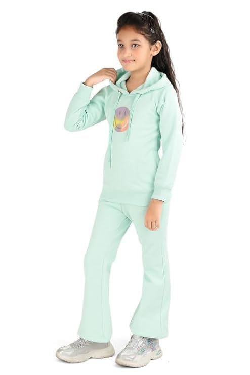Girls' Hoodie Tracksuit Set | Smiley Print Co-Ord Set with Bell Bottom Trousers | Winter Full Sleeve Sweatshirt & Pants Set | Casual Wear | 2 Trendy Colors-image-9