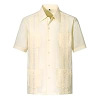 MAXJON Camisetas masculinas de manga curta com botões Guayabera para homens camisas de praia bordadas cubanas, Cremoso., P
