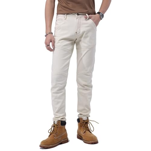 Jeans Pants Trouser Denim Motorcycle Men's Korean Version Slim Fit Small Foot Casual Versatile Elastic Pants(White,33 (2 feet 6))