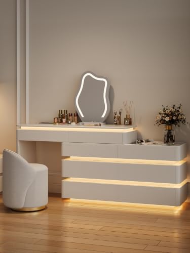 Image of homary Retractable L-Shaped Smart Makeup Vanity with LED Lighted Mirror, Built-in Charging Station, Touch Dimmable Lights, White Dressing Table with Storage Drawers for Bedroom, Stool Sold Separately