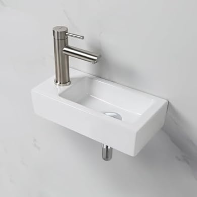 Foto di Ibergrif M41102-L Lavabo Rettangolare in Ceramica con 1 Foro per Rubinetto, Lavabo Sinistro a Parete, Dimensioni Piccole: 376 × 188 × 93 mm, Bianco