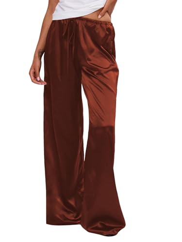 Image of MakeMeChic Women's Summer Satin Silk Pants Casual Flowy Pants Beach Vacation Wide Leg Pants