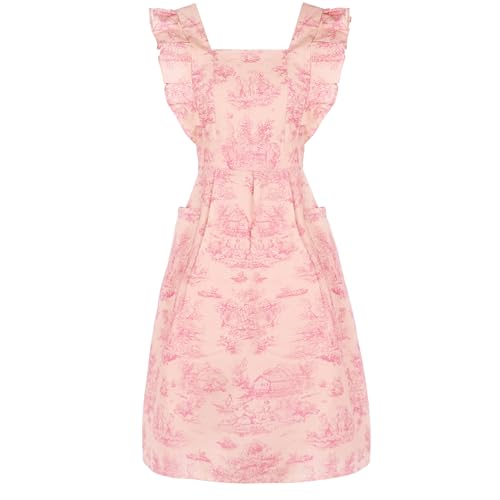 MIKI WELL Floral Aprons for Women with Pockets Vintage Apron for Women Kitchen Dress Pink